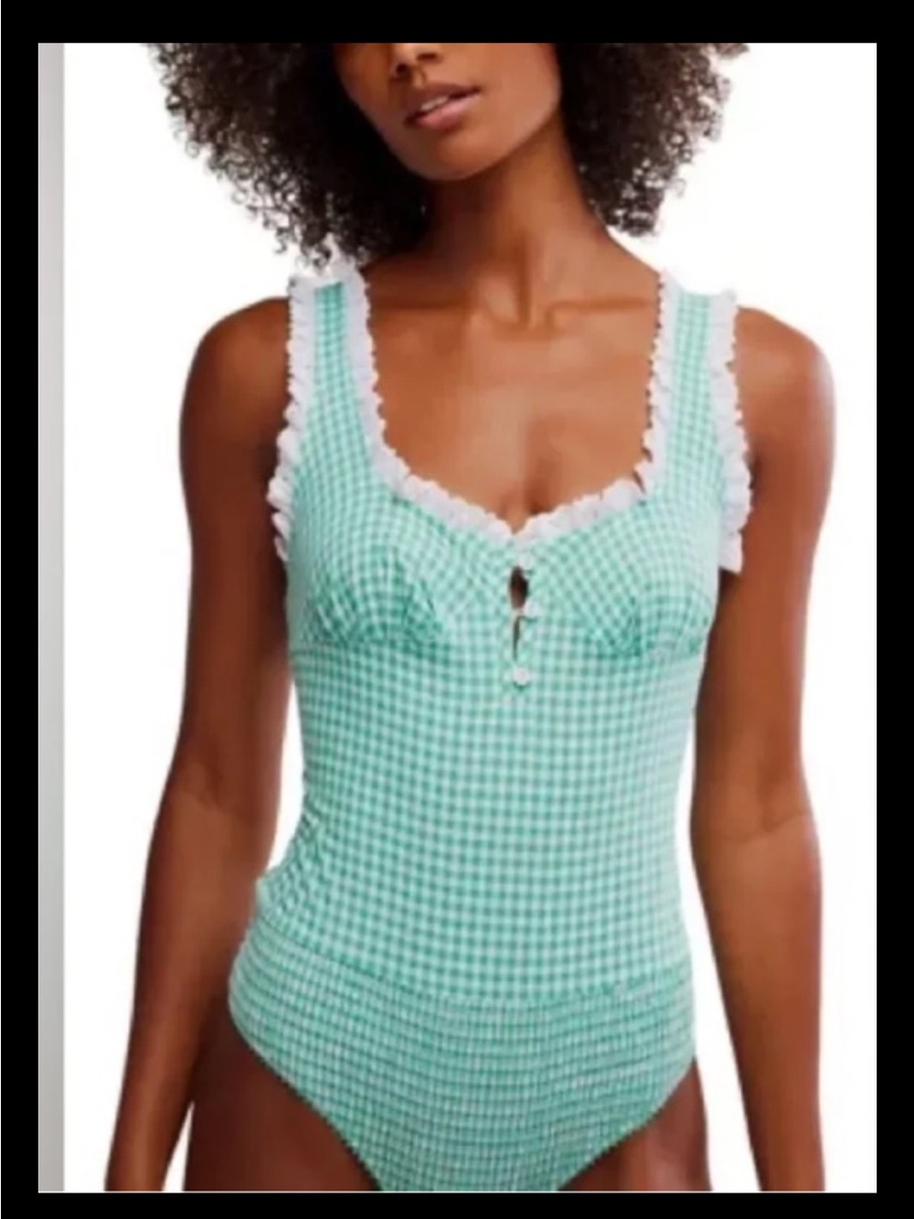Free People Cassie Green Gingham Bodysuit with White Ruffle Trim size Large NWOT - Picture 2 of 10